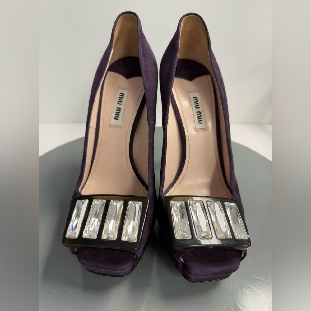 Miu Miu Purple Suede Crystal Embellished Peep Toe Platform Pumps Size‎ 38
